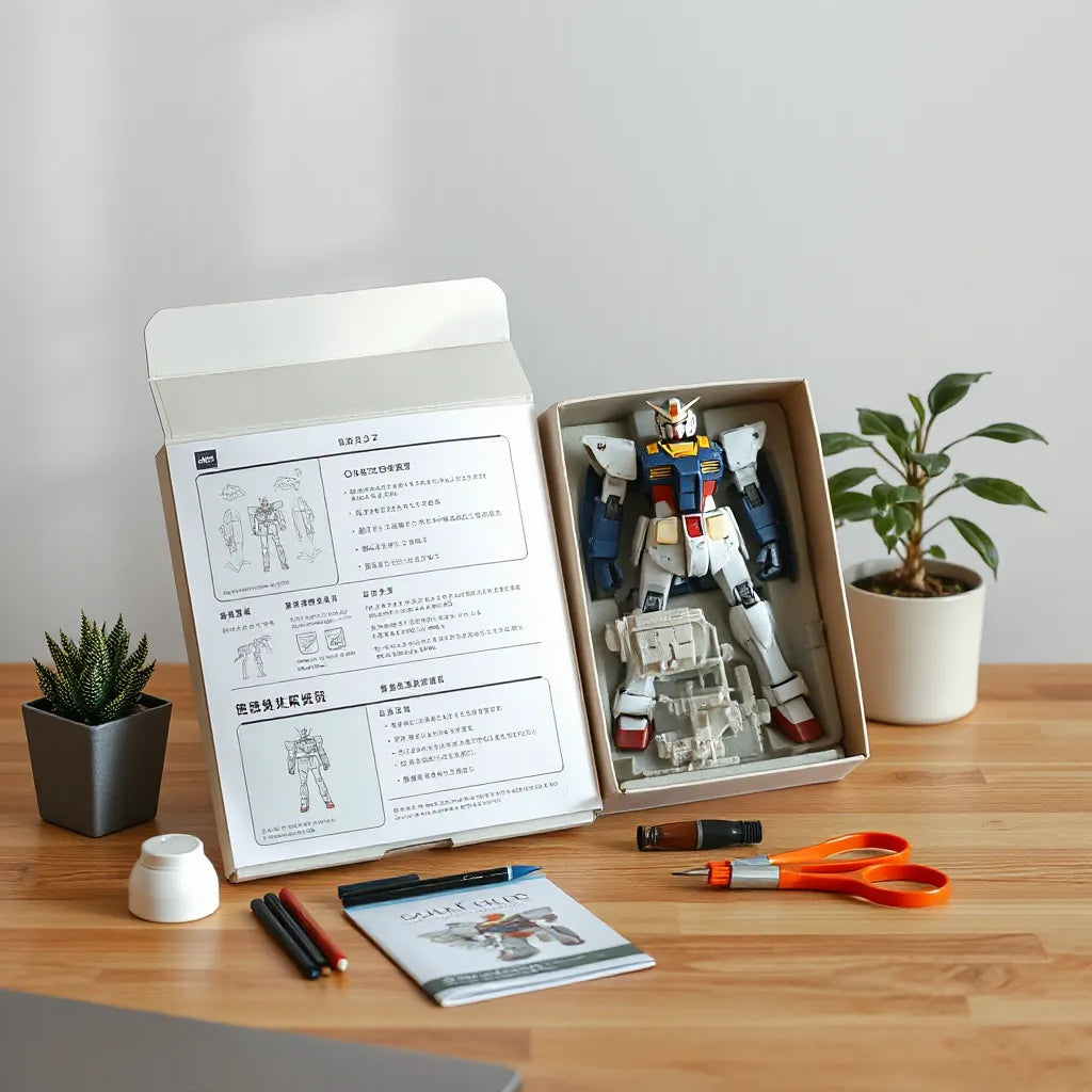 Gundam box set-delar och instruktioner på ett bord under mjukt ljus