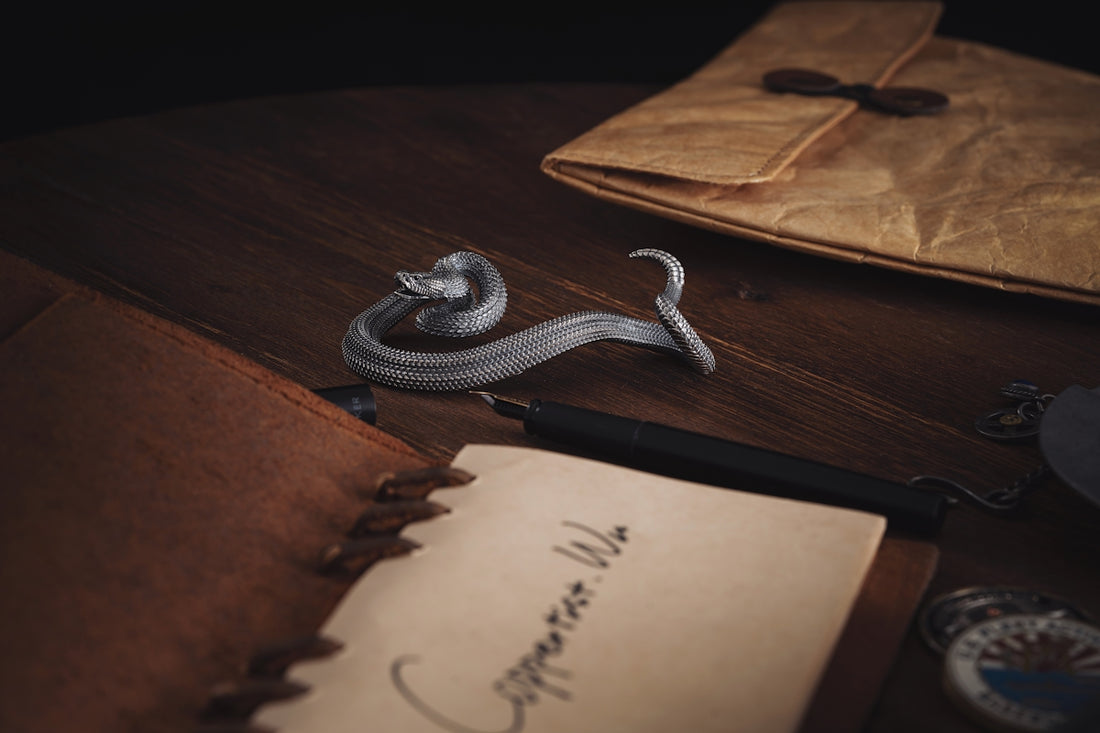a snake on a table next to a notebook and pen