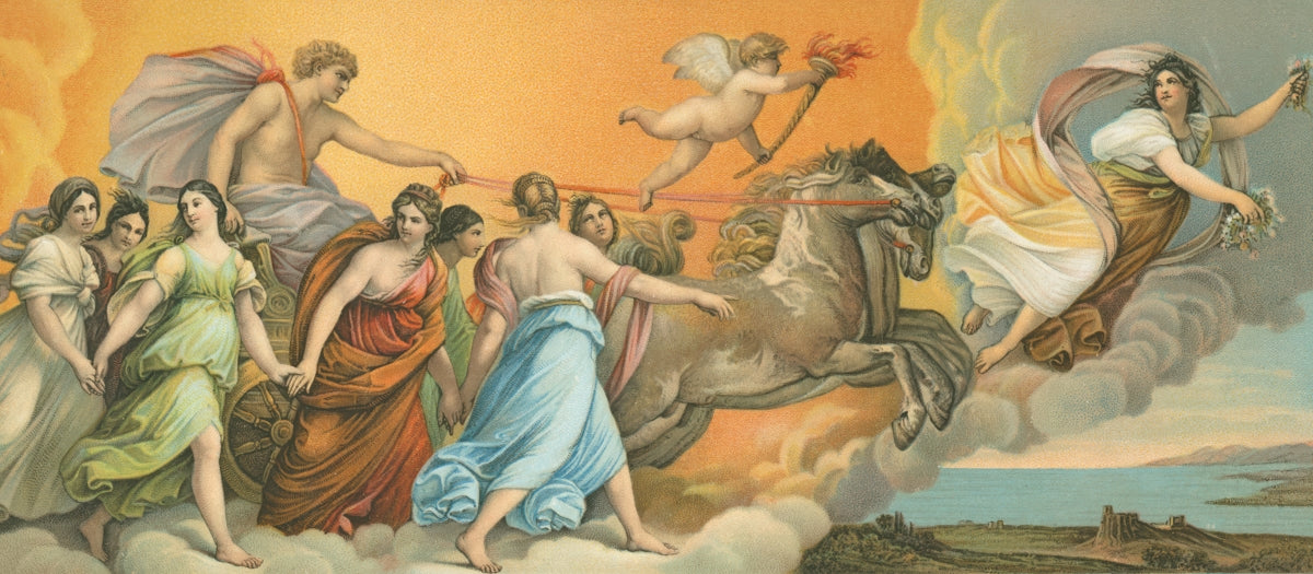 Mythological figures in a chariot pulled by horses