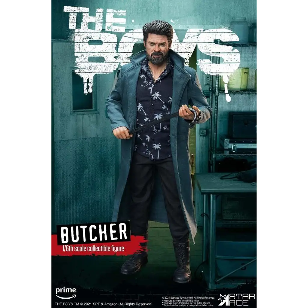 1/6-skala Billy Butcher-figur från The Boys i mörk turkos trenchcoat