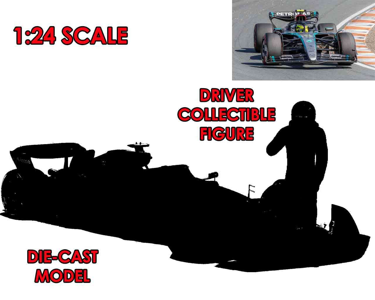 F1 Mercedes W15 E Performance 2023 med Russell-figur - 1:24 die-cast modell bburago