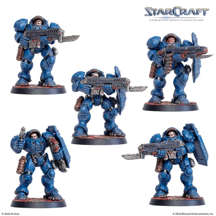 Starcraft Marine Box - Komplett Set med 9 Omonterade Miniatyrer, 32mm Basplattor, Spelkort och Monteringsmanual