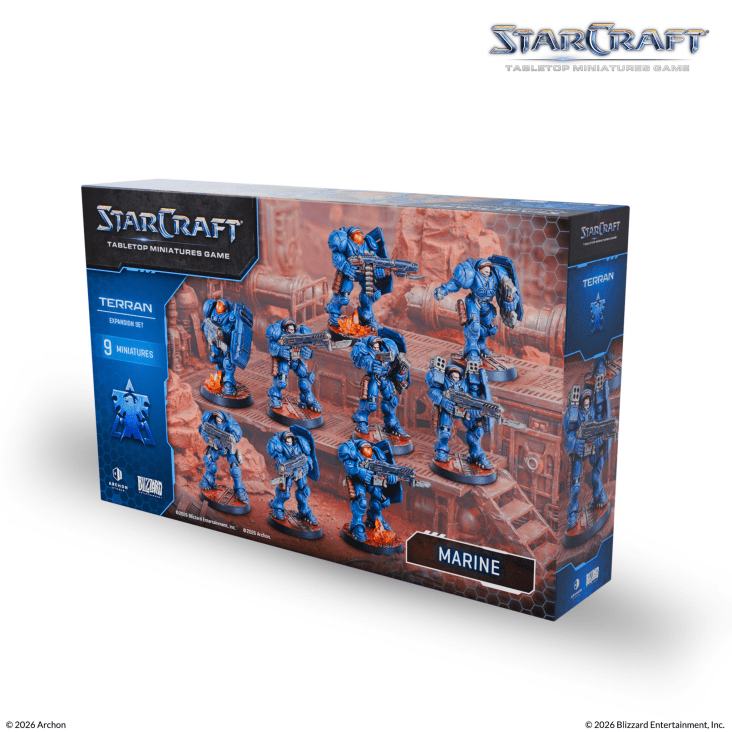 Starcraft Marine Box - Komplett Set med 9 Omonterade Miniatyrer, 32mm Basplattor, Spelkort och Monteringsmanual