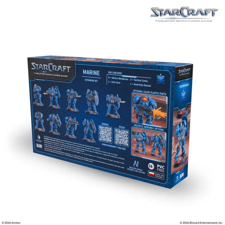 Starcraft Marine Box - Komplett Set med 9 Omonterade Miniatyrer, 32mm Basplattor, Spelkort och Monteringsmanual