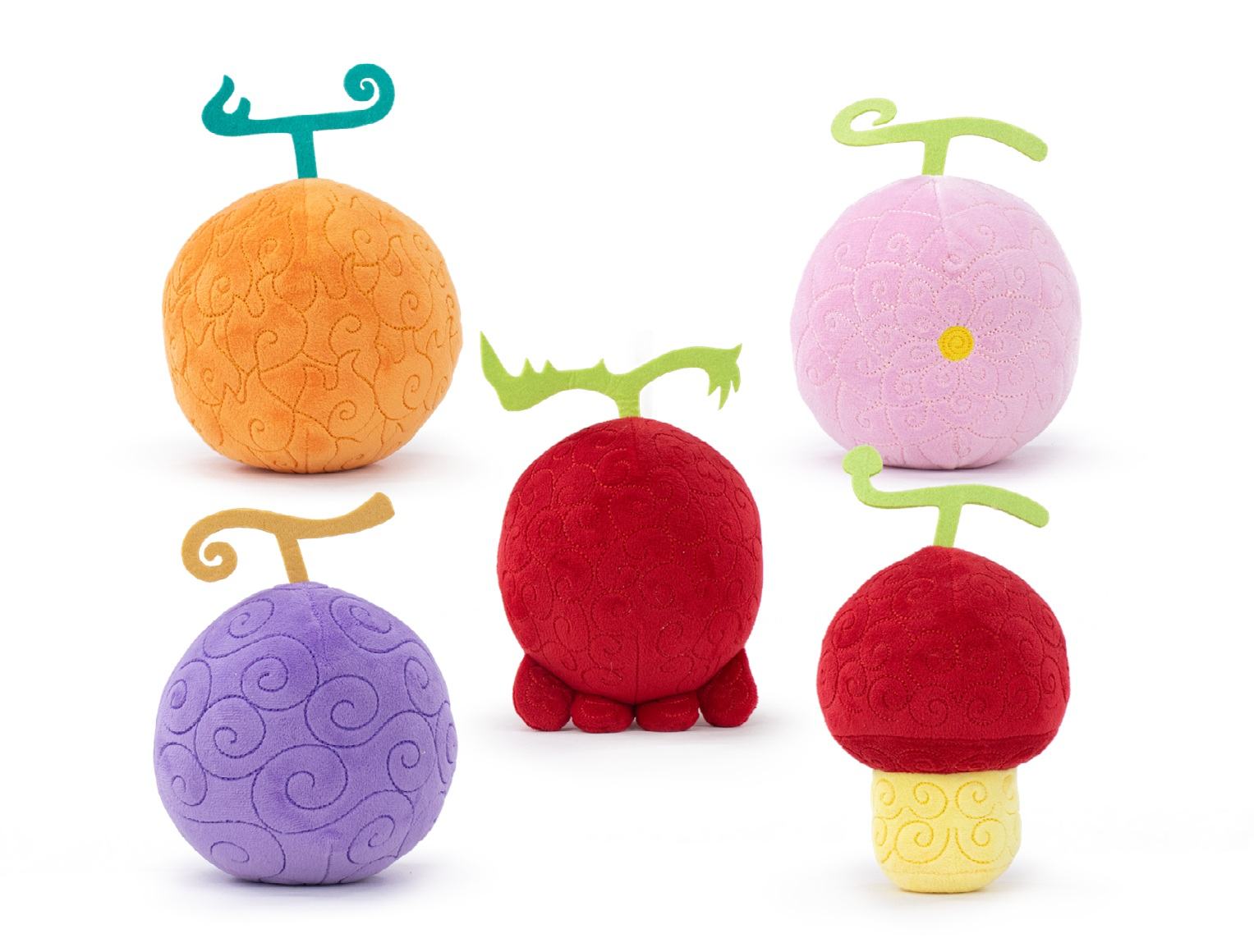 One Piece Devil Fruits Asst. Set (5) - Set med 5 mjukisdjur inspirerade av Devil Fruits från anime One Piece