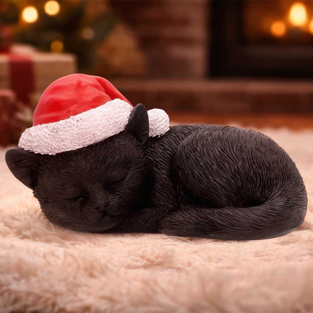 Black Cat Sleeping With Santa Hat Figurine