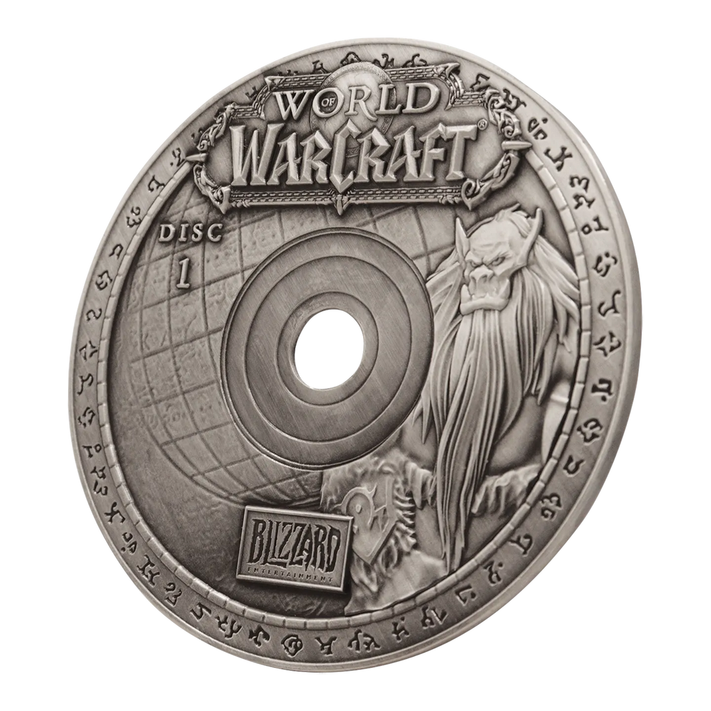 World of Warcraft CD-replika i metall - limiterad utgåva med antik mässingsfinish och presentationsställ
