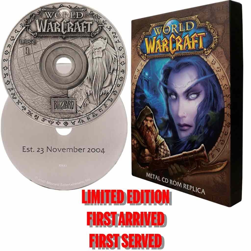 World of Warcraft CD-replika i metall - limiterad utgåva med antik mässingsfinish och presentationsställ
