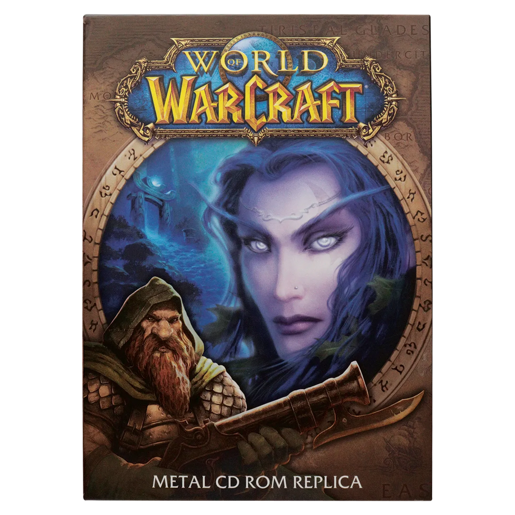World of Warcraft CD-replika i metall - limiterad utgåva med antik mässingsfinish och presentationsställ