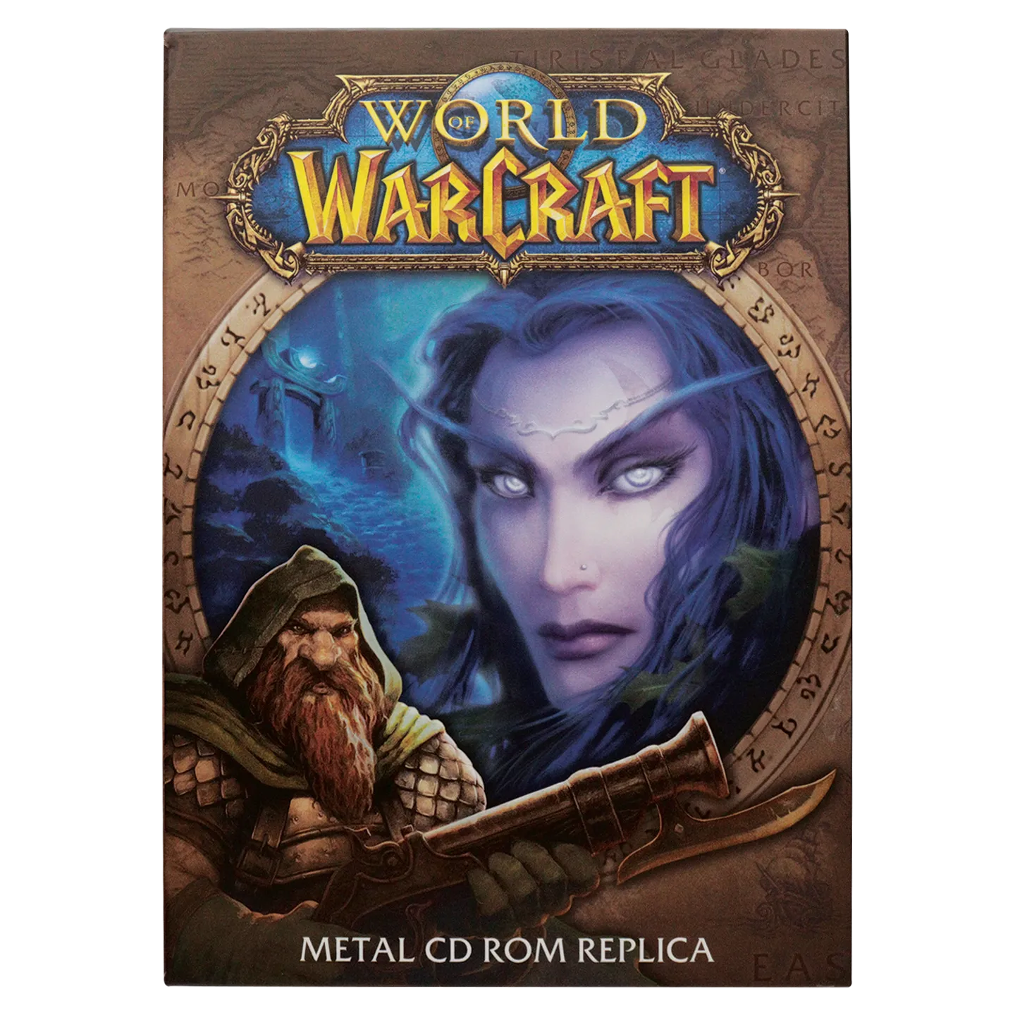 World of Warcraft CD-replika i metall - limiterad utgåva med antik mässingsfinish och presentationsställ