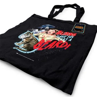 Steven Rhodes Toteväska med motivet 'Aliens gav min katt ett skägg'