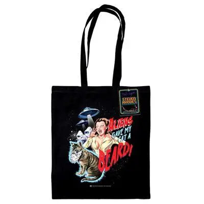 Steven Rhodes Toteväska med motivet 'Aliens gav min katt ett skägg'