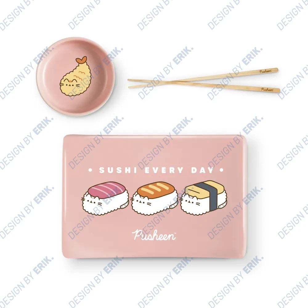 Pusheen Sushi-rullningsset i keramik med tallrik, såsskål och ätpinnar