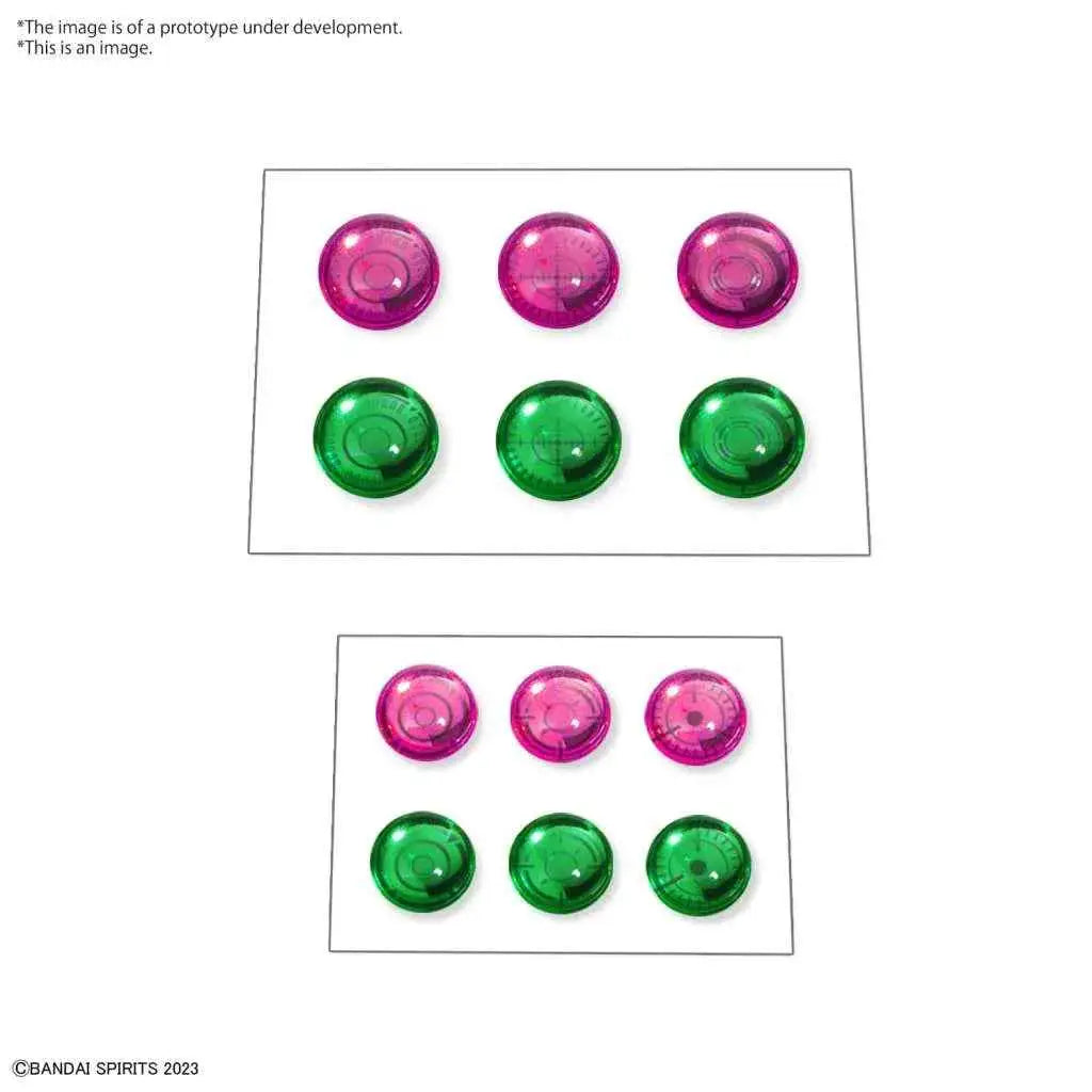 Sex 30 mm anpassade 3D-linsskydd med rosa och gröna cirkulära knappar i två rader