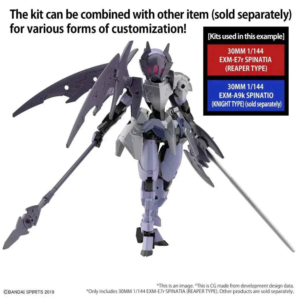 Grå och svart plastmodell av 30MM EXM-E7R Spinatia Reaper Type 1/144 med röda glödande ögon
