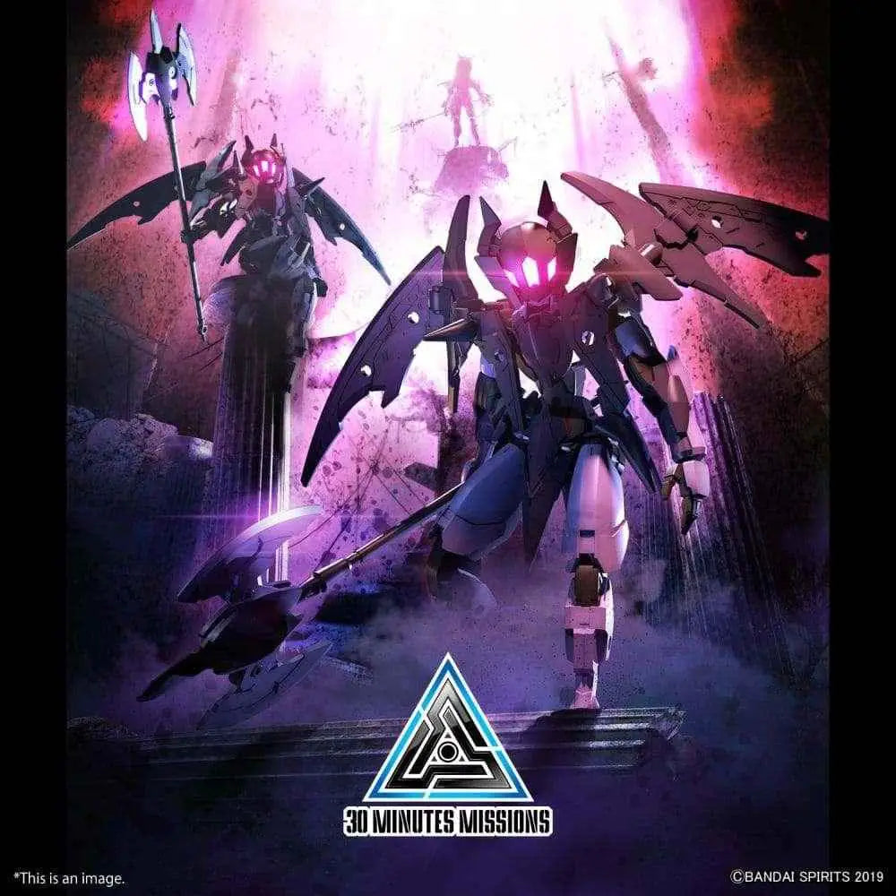 Sleek 30MM EXM-E7R Spinatia Reaper mecha in dark gray and white armor with glowing pink eyes