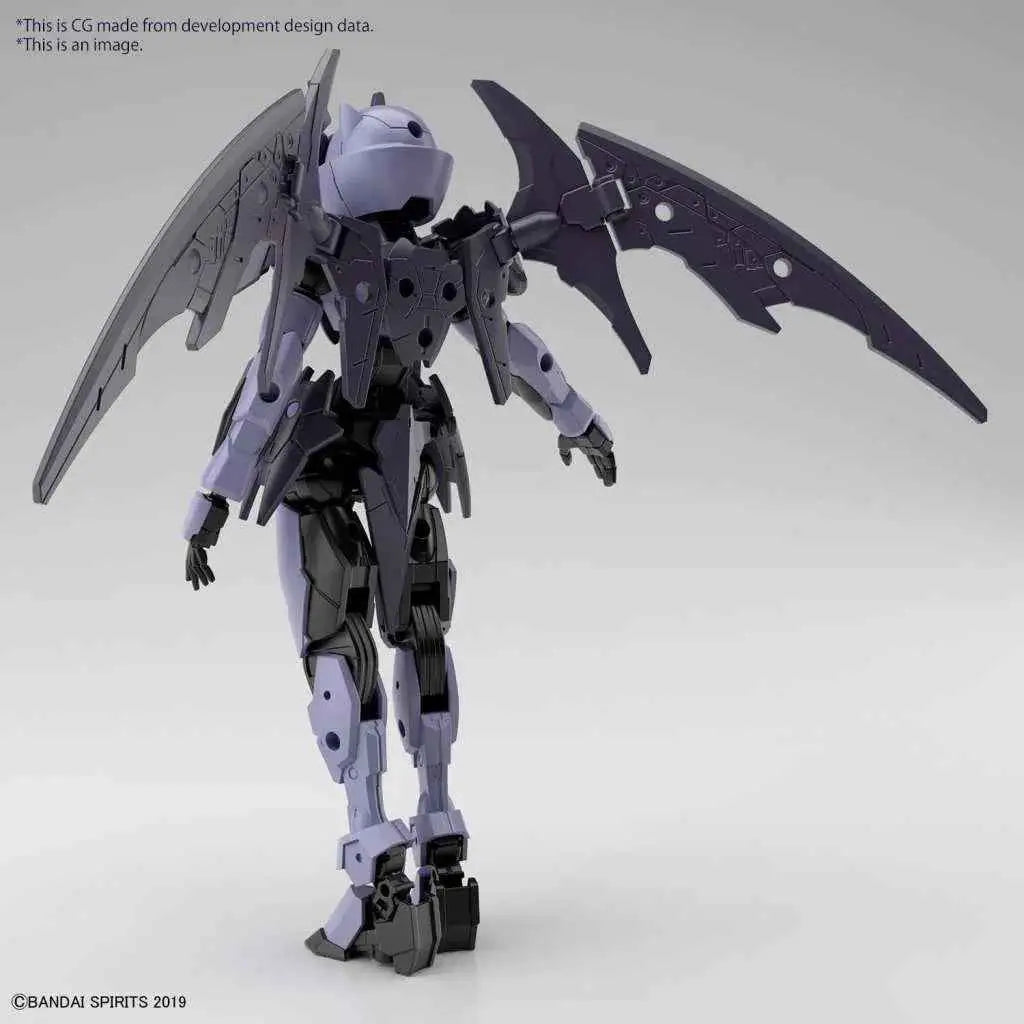 Lila och svart plastmodell av vingad mechafigur från Bandai Spirits, 30MM EXM-E7R Spinatia Reaper 1/144