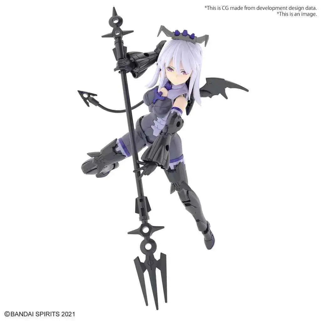 Detaljerad plastfigur av silverhårig animekaraktär i mörkgrå och lila rustning med lång svart spjut, 30MS Sis-D00 Neverlia Color A byggsats