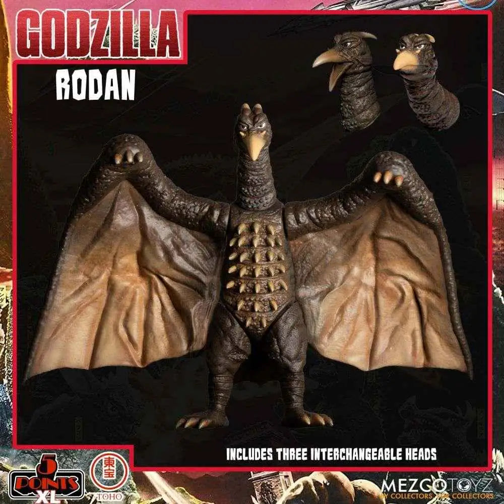 Mörkgrå och tan Godzilla Rodan actionfigur med texturerade fjäll, detaljerade vingar och tre utbytbara huvuden från 5 Points XL Godzilla Destroy All Monsters S.1
