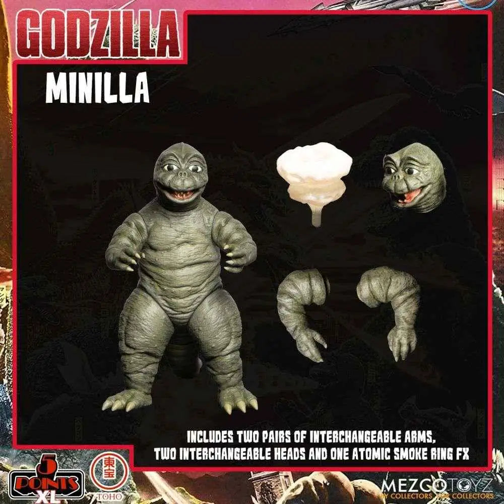 Grå texturerad minilla-actionfigur med utbytbara huvuden och armar från 5 Points XL Godzilla Destroy Monsters S.2