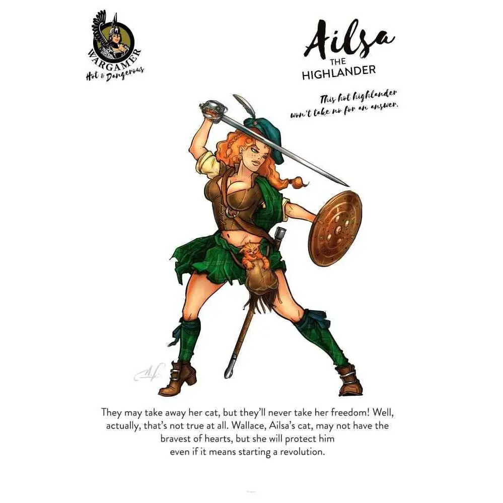 Illustration av Ailsa the Highlander, röd-hårig kämpe i grön tartan-kilt med svärd, sköld och orange katt i väskan. 54 mm resinminiatyr