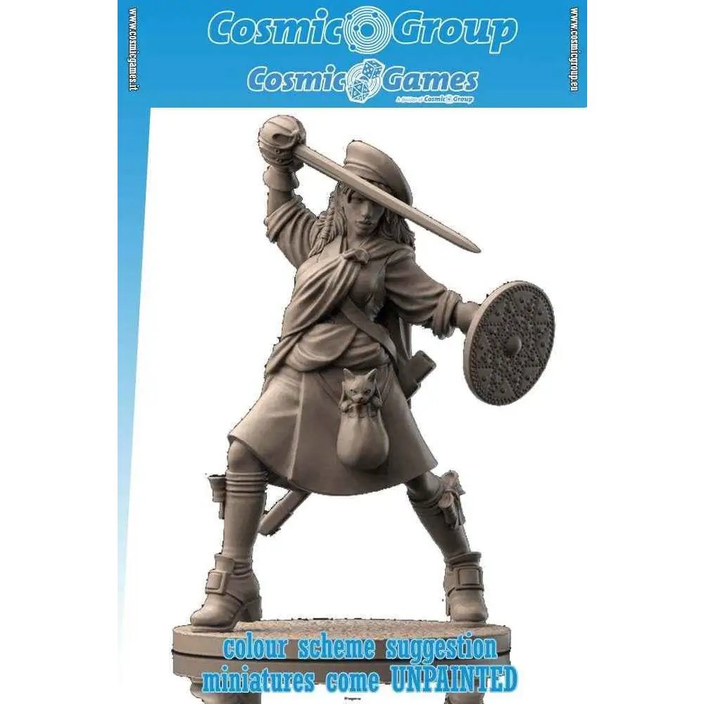 Ommålad grå plastminiatyr av Ailsa the Highlander, 54 mm kvinnlig kämpe med svärd och sköld