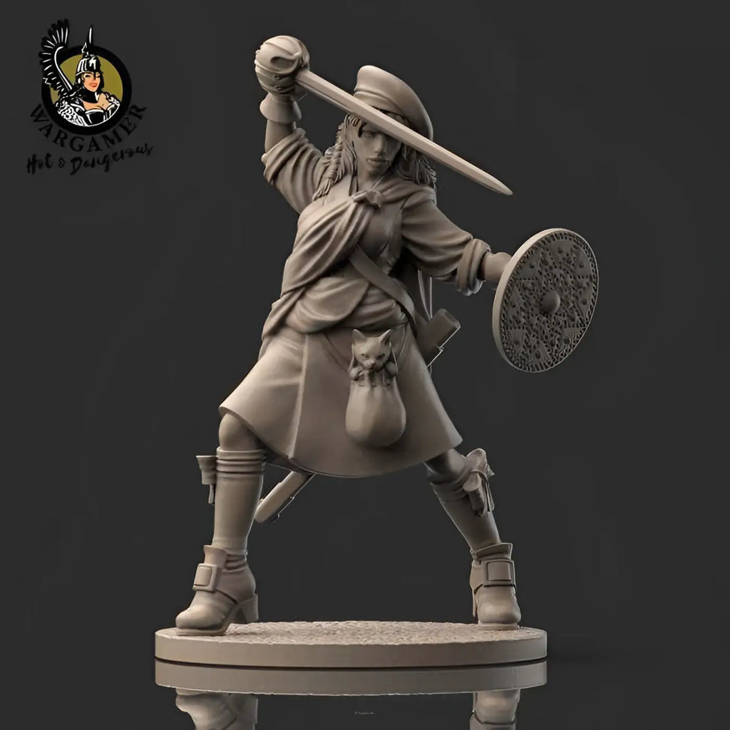 Detaljerad obmålad 54 mm-hartsminiatyr av Ailsa the Highlander, kvinnlig kämpe med svärd och sköld