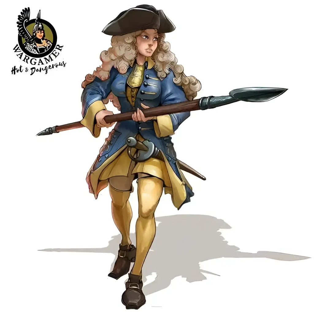 Styliserad illustration av 54 mm Astrid från svenska infanteriet i blå-guld uniform med trekantshatt och spjut