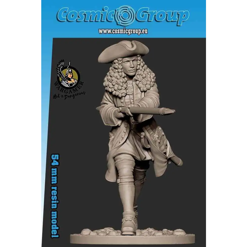 54 mm resinfigur av Astrid från svenska infanteriet i peruk och uniform med musket