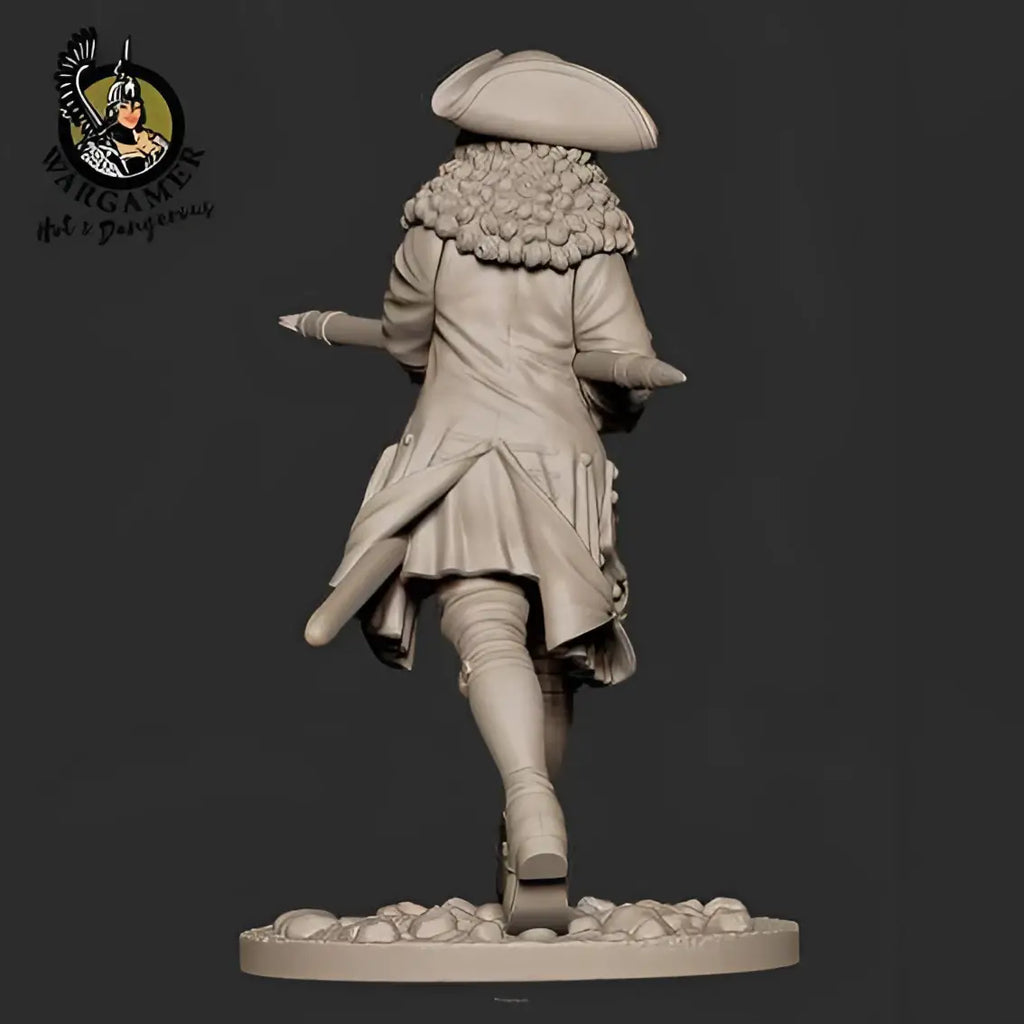 Ofärgad beige plastminiatur av 18-talssoldat i detaljerad dräkt med trehörning och krage, 54 mm Astrid från Svenska Infanteriet