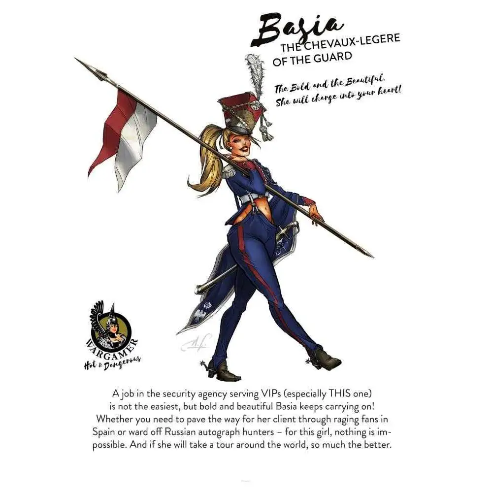 Styliserad illustration av kvinnlig soldat Basia Chevaux-Légère av Garde i blå-röd uniform med guldkanter och fjäderprydnadshatt