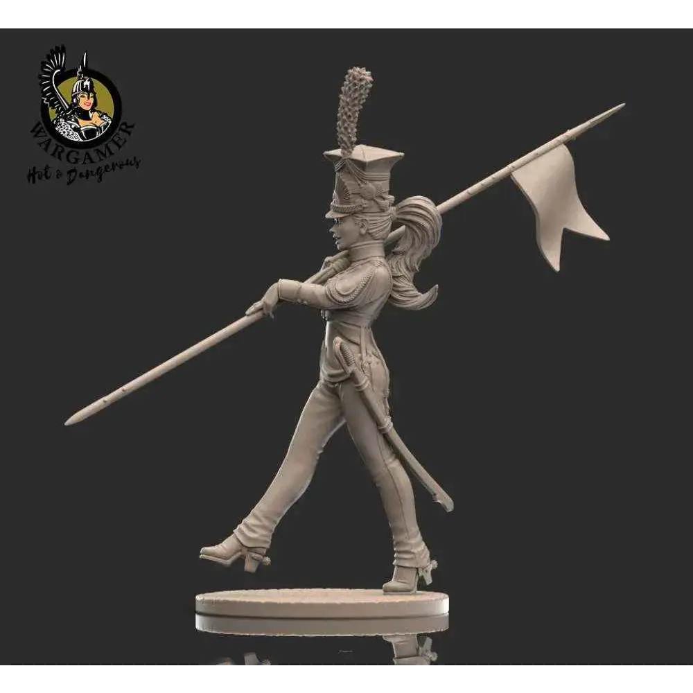 54 mm miniatyr av Basia Chevaux-Léger av Garde, obmålad beige plastfigur med fjäderhatt och spjut