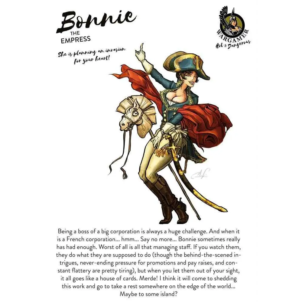 Styliserad illustration av Bonnie kejsarinnan i blå-guld uniform på hästlik mount