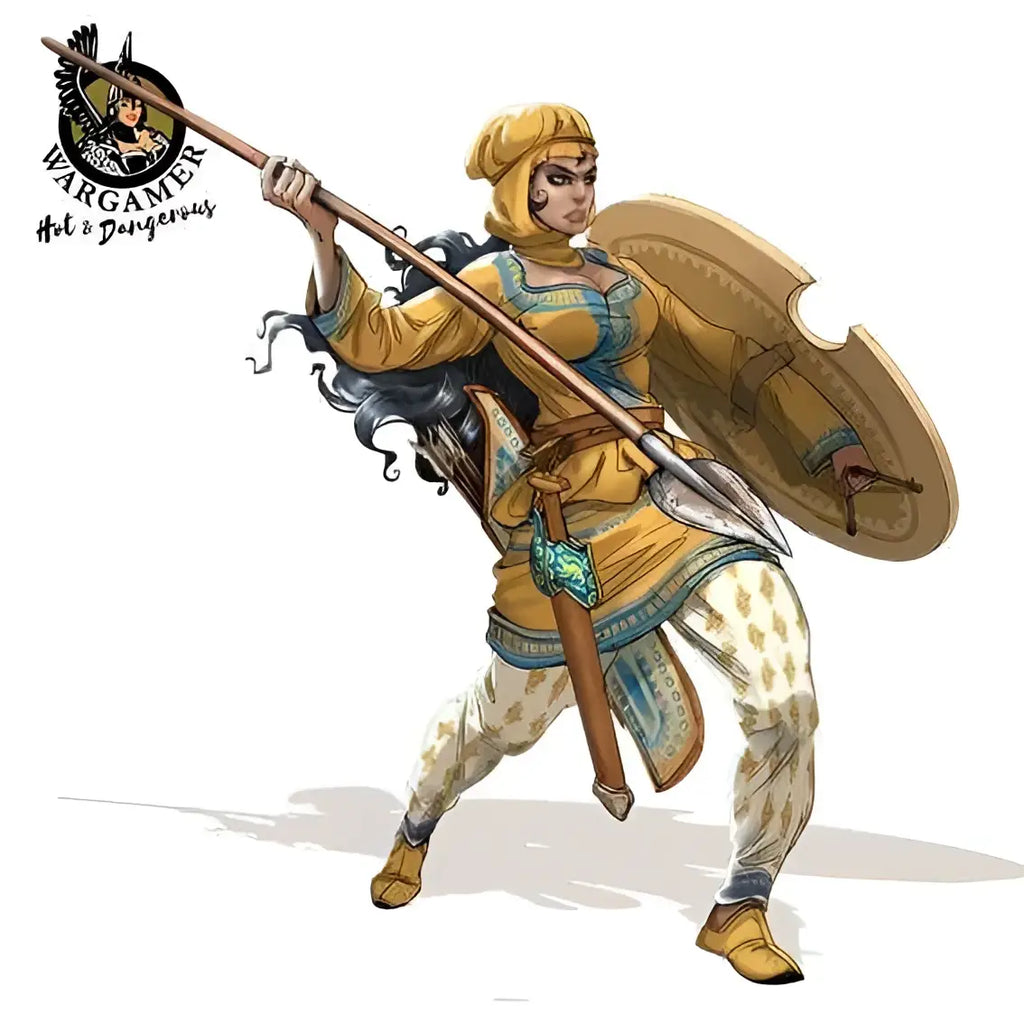 54 mm Darya the Immortal resin miniature: gyllene krigare i utsmyckad rustning med spjut och sköld