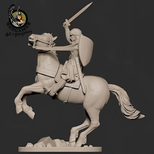 Detaljerad, omålad 54 mm plastminiatyr av Eleanor the Crusader, riddare till häst med svärd och sköld
