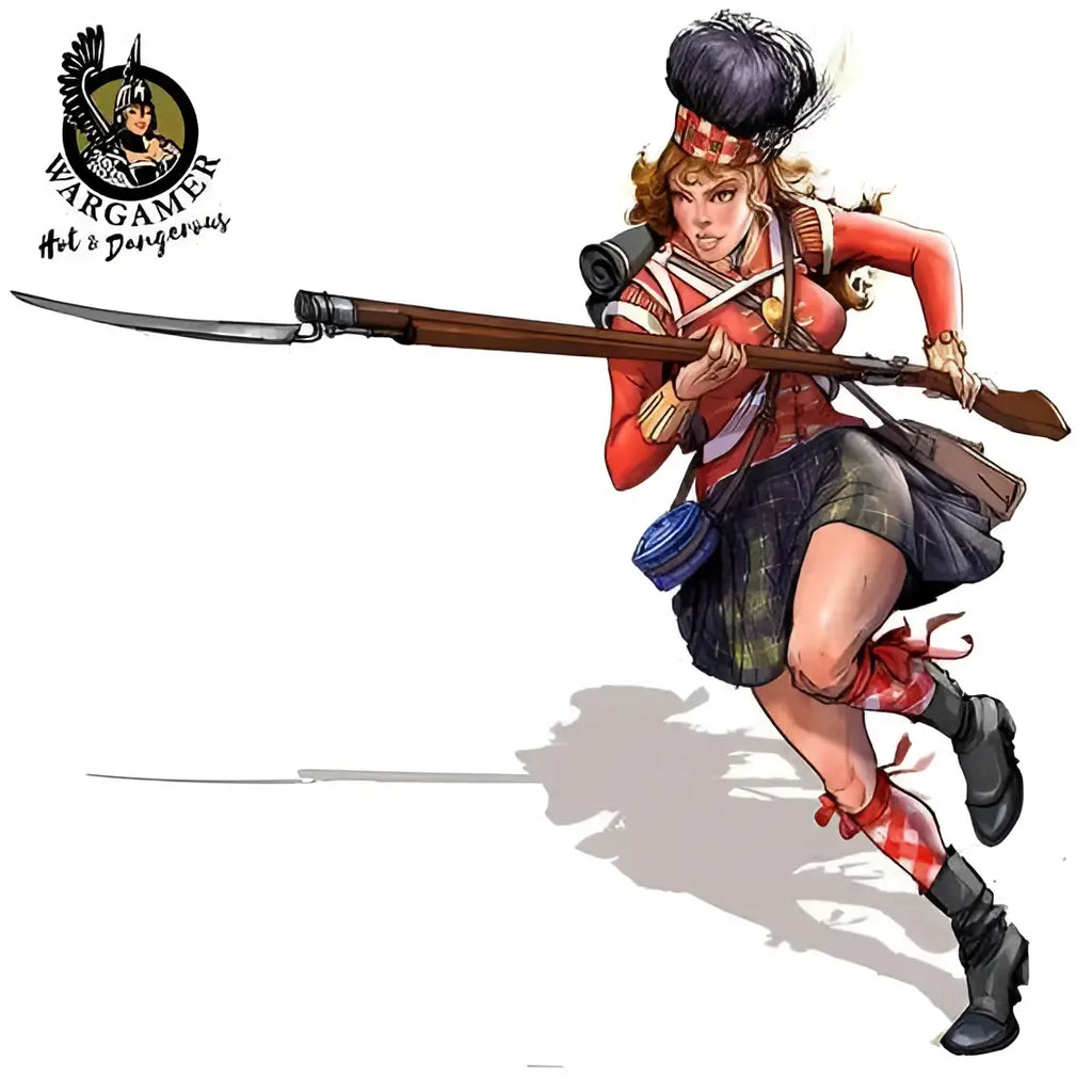 Kvinna i rödsvart rutig kilt bär musköting, 54 mm Fiona från 42nd Highlanders