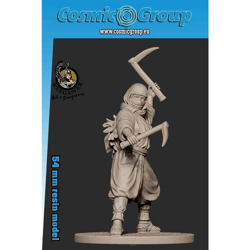 Omålad 54 mm resinfigur av Fujiko ninjan med två yxor