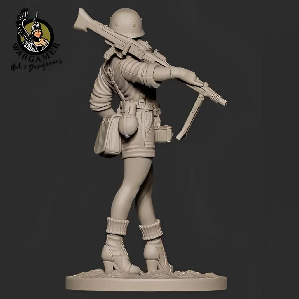 Detaljerad omålad 54 mm Johanna Dust 1947 Flicka-soldat i stridsmundur med hjälm och gevär