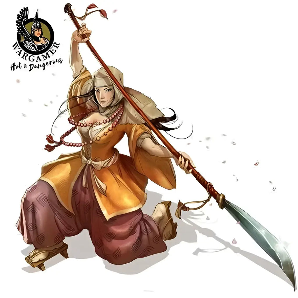Styliserad illustration av Misaki the Warrior-Nun, krigarkvinna i lager orange och maroon kläder med spjut
