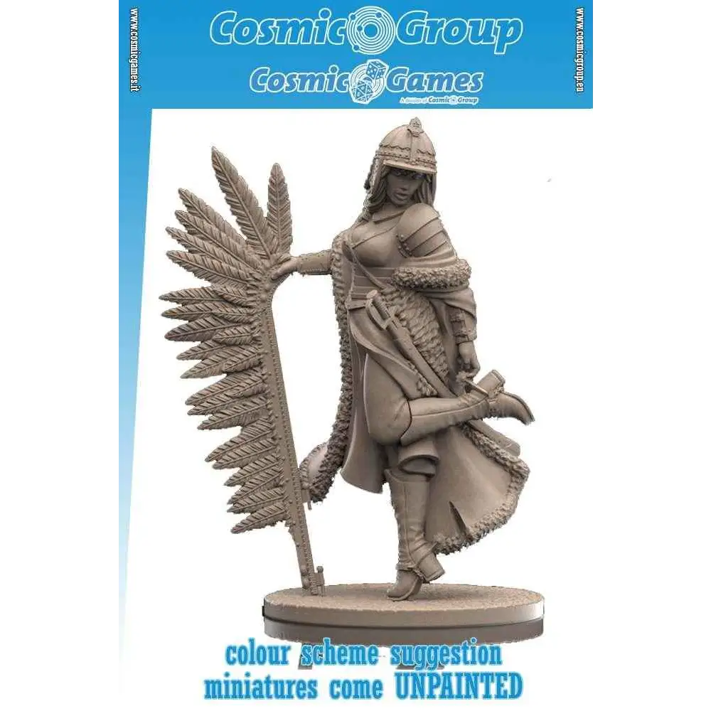 54 mm Olenka the Winged Hussar: gråhartsminiatyr av kvinnlig krigare i rustning och fjäderkappa med spjut