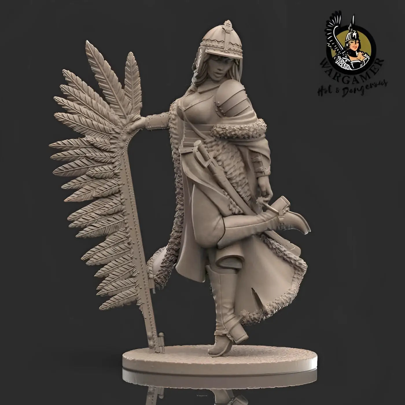 Detaljerad, omålad resinfigur av 54 mm Olenka the Winged Hussar, kvinnlig krigare i rustning med fjäderprydd stav