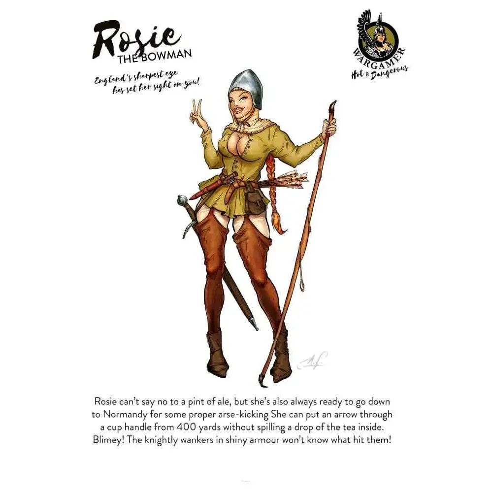 Rosie the Bowman, 54 mm miniatyr av kvinnlig bågskytt i grön-brun medeltida klädsel med silverhjälm