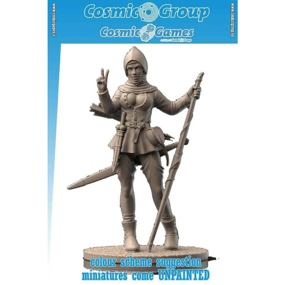 54 mm Rosie the bowmen miniatyr: obmålad beige kvinnlig krigare med svärd och stav i fredstecken