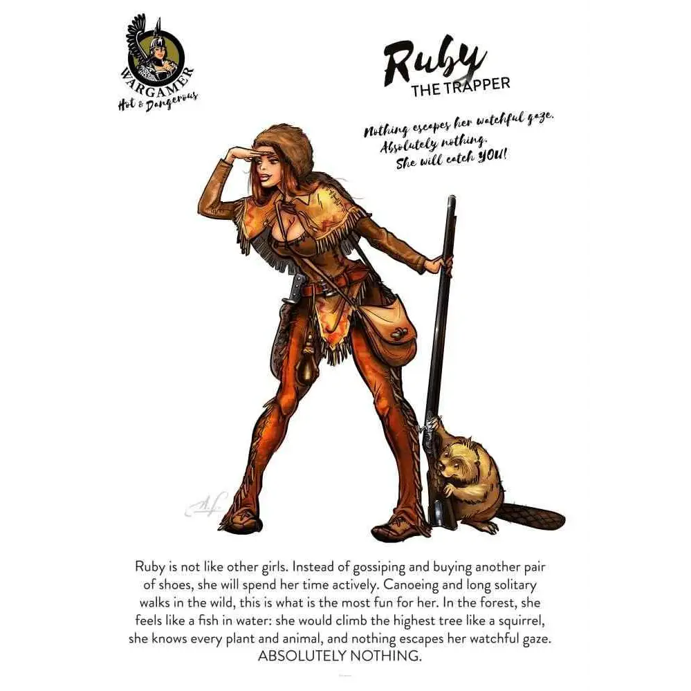 Detaljerad illustration av Ruby the Trapper i brunt läder med fransar och gevär, 54 mm miniatyr