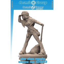 54 mm Ruby the Trapper miniatyr, obmålad beige resinfigur av kvinnlig krigare med stav