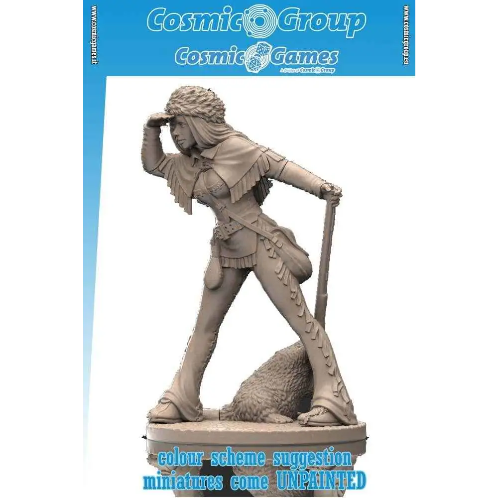 54 mm Ruby the Trapper miniatyr, obmålad beige resinfigur av kvinnlig krigare med stav