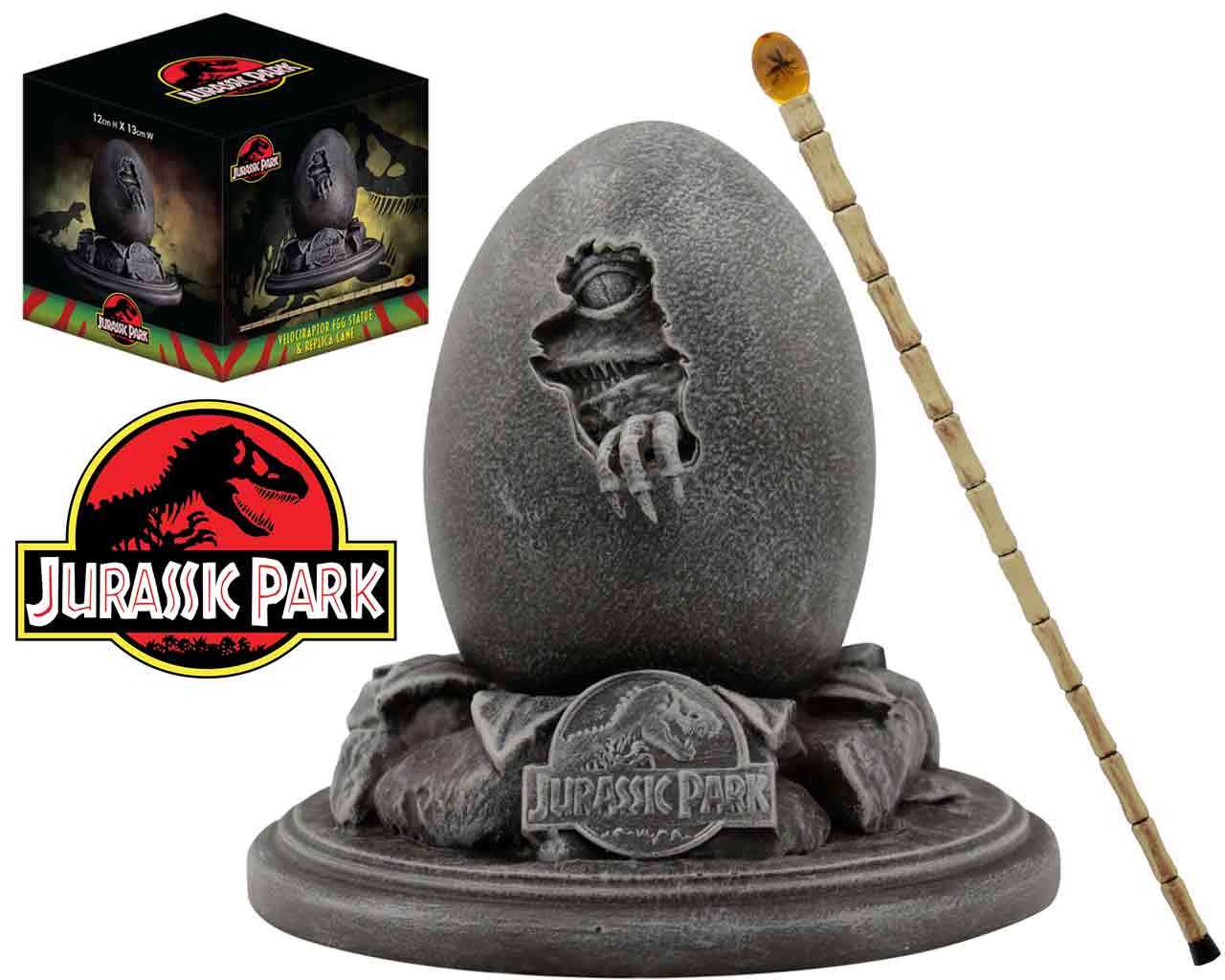 Jurassic Park 30th Anniversary Velociraptor Egg Statue & John Hammond Cane Replica Set fanattik