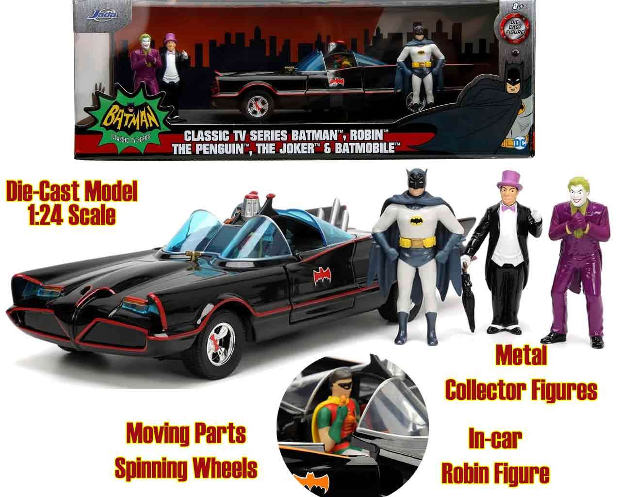 Batman 1966 Batmobile med Batman, Robin, Joker & The Penguin - 1:24 Die-Cast Modell Deluxe Edition jada toys