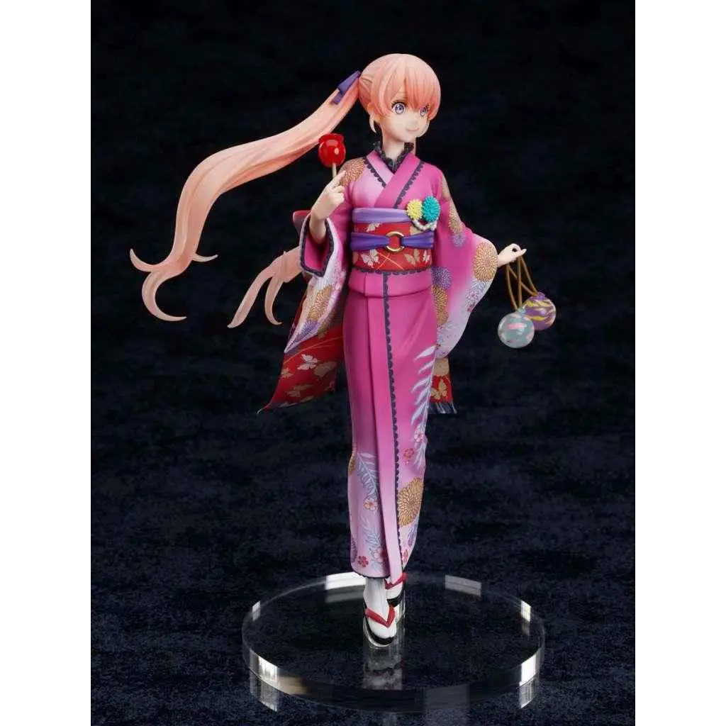 Erika Amano i yukata, animefigur med lila mönster och godis