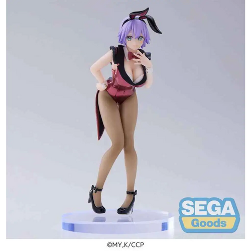 Lila-hårig Hiro Segawa-animefigur i röd-svart kanindräkt med högklackat, på klar plastbas